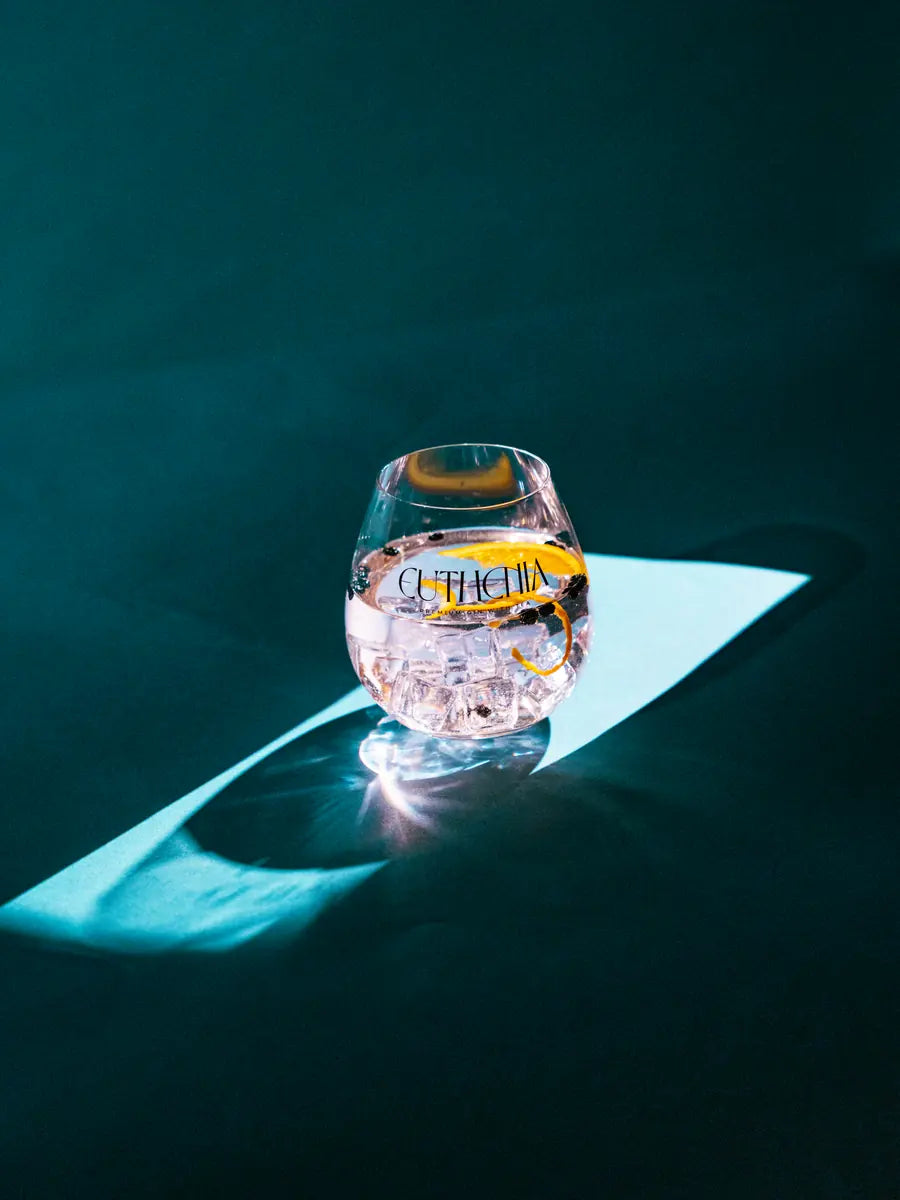 Verre Euthénia gravé du logo, rempli de glace, sur fond bleu